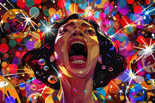 Cartoon Woman Shouting with Colorful Abstract Background