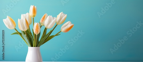 White tulips in a vase on a table against a bright background