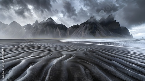 Great wind rippled beach black sand. Location Vestrahorn, Iceland, Europe