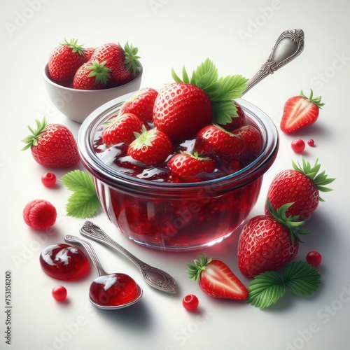 Strawberry jam in glass bowl on white background.