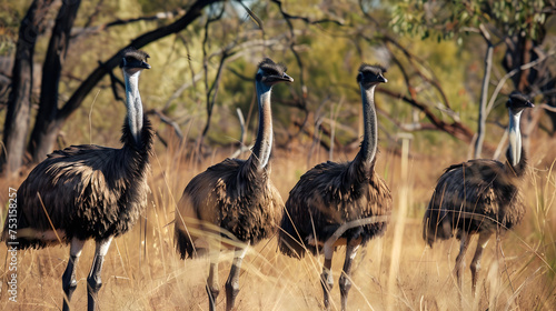 Group of Emu birds in the wild 