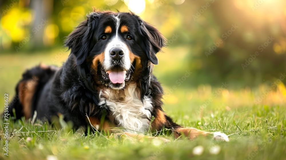 happy young bernese mountain dog portrait outdoors in summer