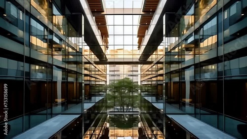 A modern architectural building with round glass facades and an atrium creating the illusion of an endless loop.
Concept: modern architecture, design of corporate spaces, or as a symbol of innovation 