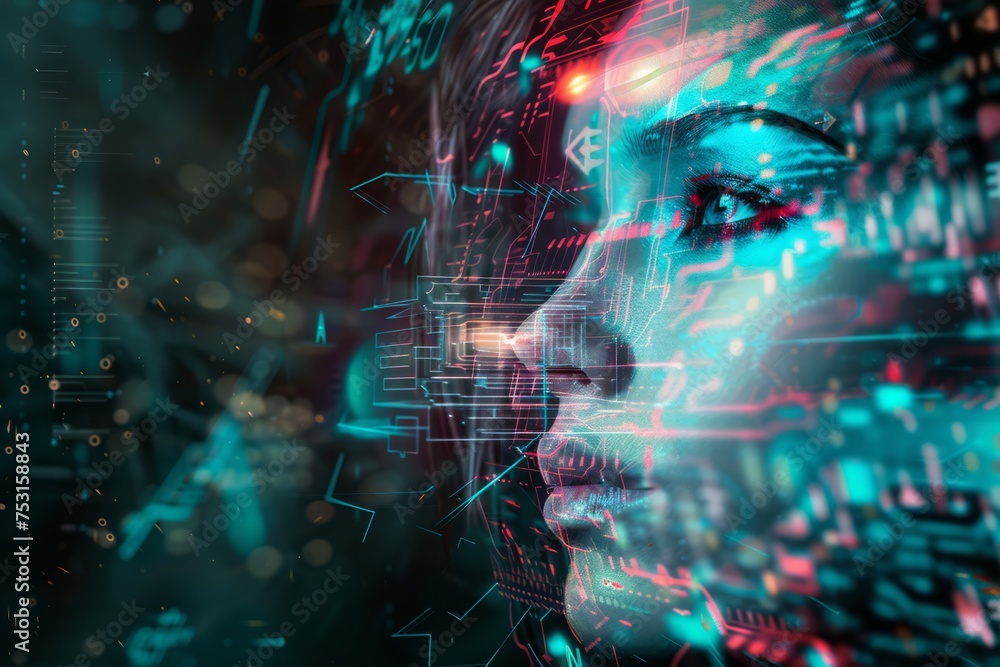 Female facial and iris recognition. Futuristic looking artificial intelligence face with digital background. Biometrics concept in dark background