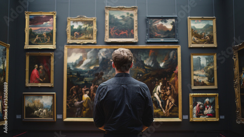 Man Contemplating Classic Paintings in Art Gallery Exhibit