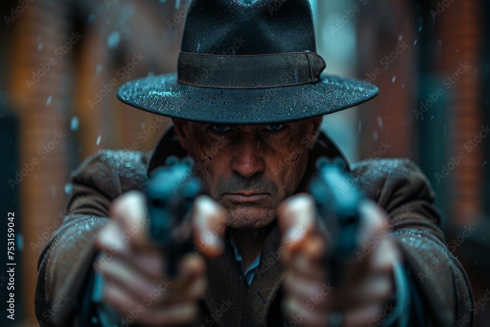 Close-up of a determined man aiming two guns at camera, with rain enhancing the drama