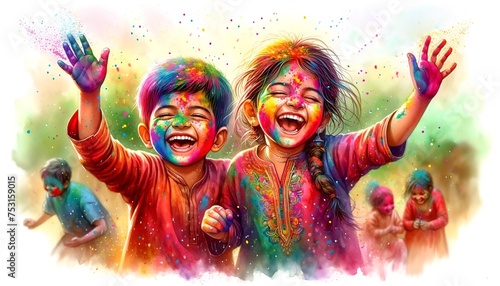 Watercolor illustration for the holi or dolyatra with two joyful children with their faces and clothes covered in vibrant colors. photo