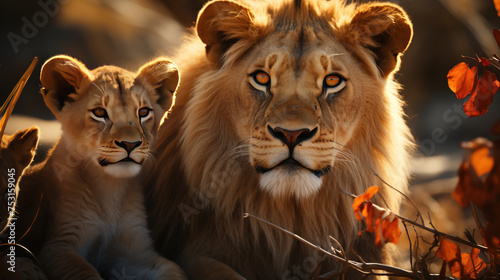 majestic adult lion and lion cub in the foreground