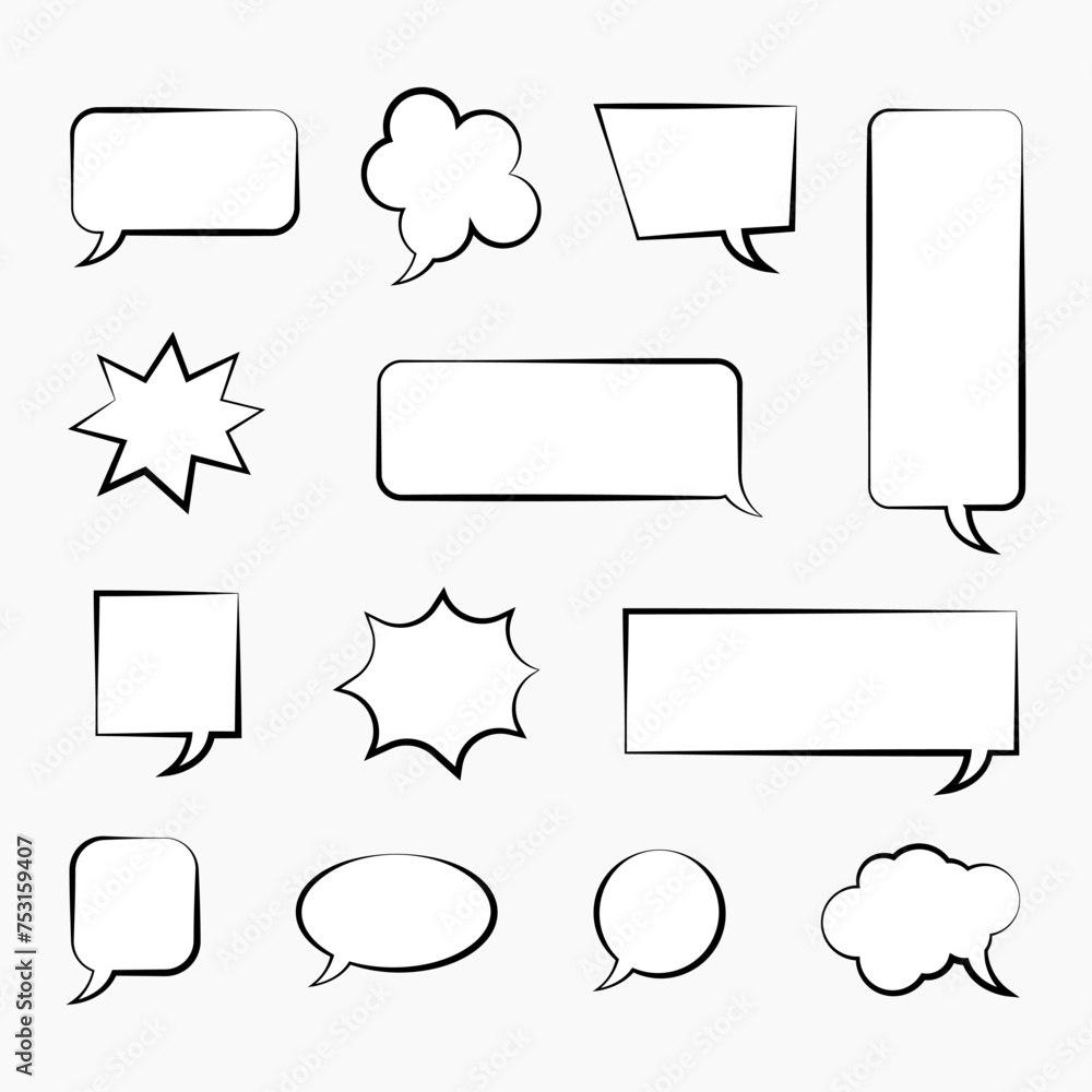 Set of blank white speech bubble in flat design, chatting box, message box icon. Balloon doodle style of thinking sign symbol. Speech bubble isolated on background. Set of blank white speech bubble in flat design, chatting box, message box icon. Balloon doodle style of thinking sign symbol. Speech bubble isolated on background.