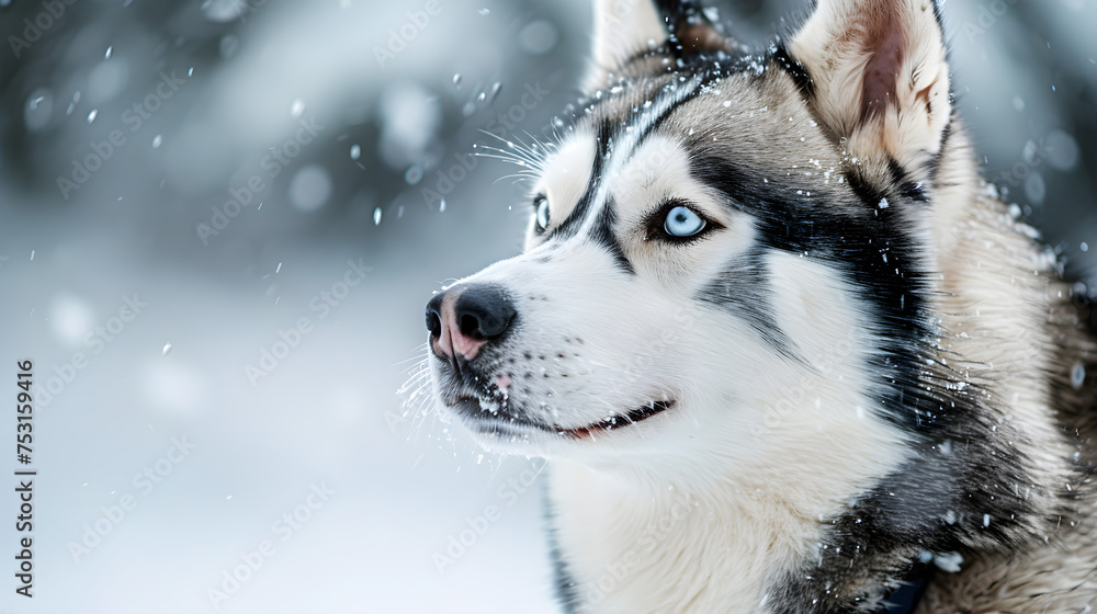 Naklejka premium Husky dog portrait, winter snowy background. Funny pet on walking before sled dog training