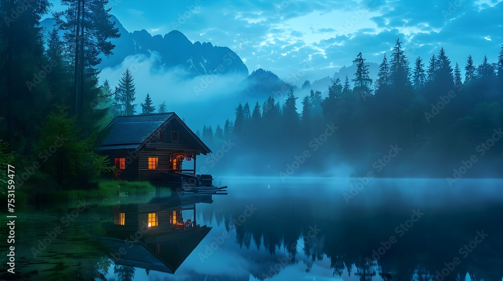 Fototapeta premium Illuminated Wooden house in the forest on a calm reflecting lake with the foggy mountains in the background at dusk 