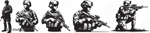 various soldier silhouettes in full gear, bulletproof vests and rifles, standing and kneeling, black vector graphic
