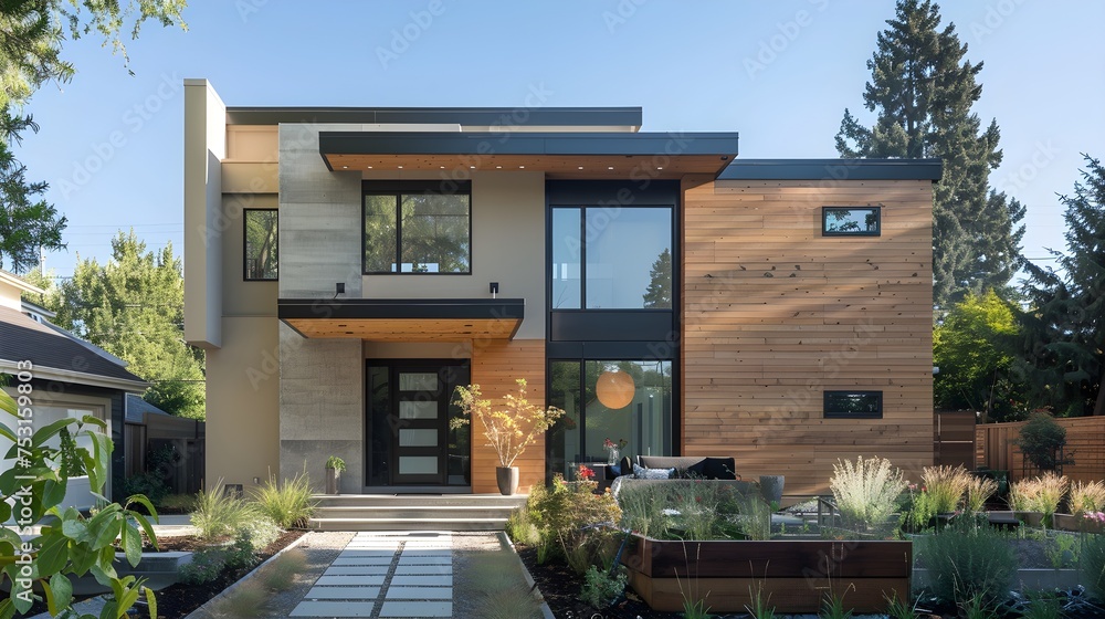 Insulated modern house with stucco, wood cladding, and siding Stock ...