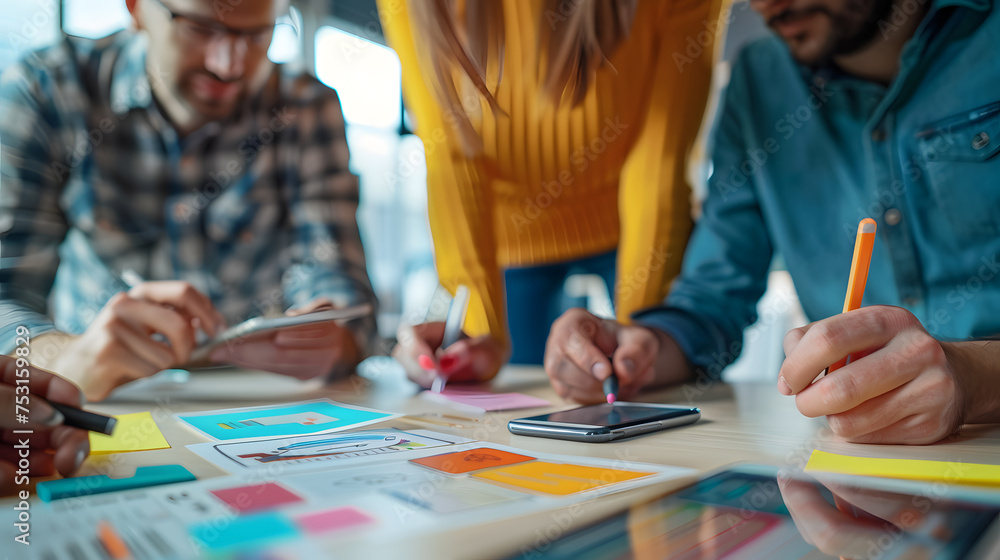 Teamwork in progress. Group of developers is working to improve the startup. A large number of notes, people and stickers Teamwork in progress. Group of developers is working to improve the startup. A large number of notes, people and stickers