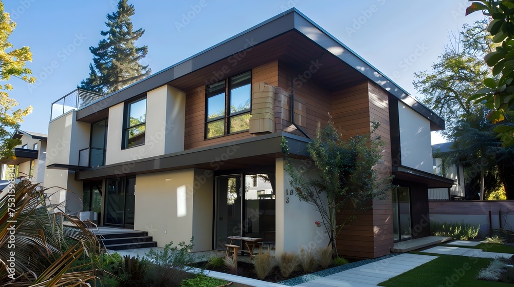 Insulated modern house with stucco, wood cladding, and siding Insulated modern house with stucco, wood cladding, and siding