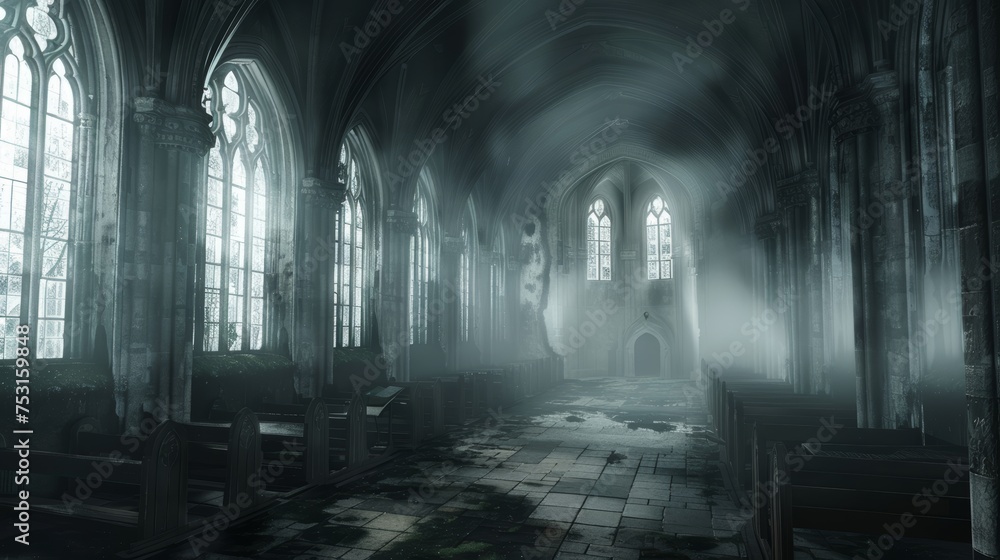 Mysterious gothic church interior with fog. Haunting atmosphere and architecture concept