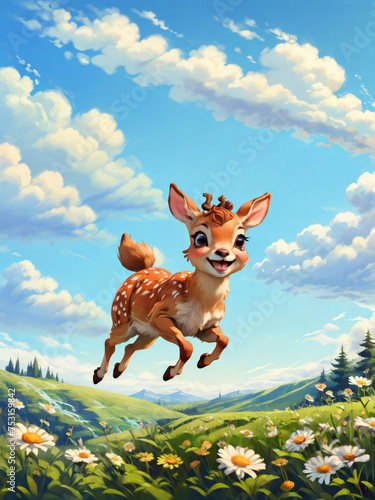 A cute little fawn jumps joyfully on a meadow with daisy flowers, set against an mountain panorama and fluffy clouds on blue sky. As a charming Chibi Illustration Style. Created with generative A.I.