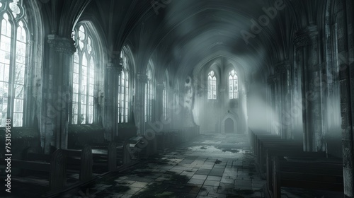 Mysterious gothic church interior with fog. Haunting atmosphere and architecture concept
