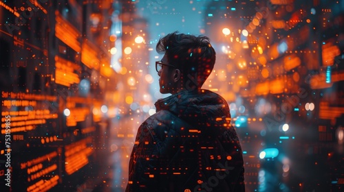 A man contemplates a neon-lit future city  digital data overlays creating a cyberpunk atmosphere.