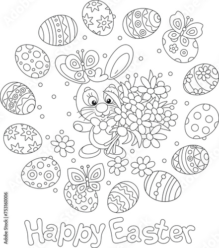 Greeting card with a happy Easter bunny, spring flowers and painted gift eggs with merrily flying butterflies, black and white outline vector cartoon illustration for a coloring book