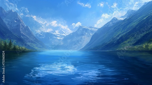Tranquil lake surrounded by towering mountains  the deep blue sky above capturing the essence of serenity.