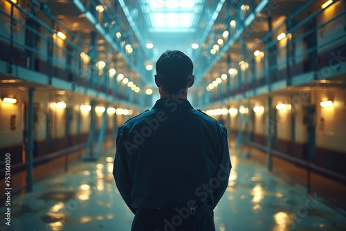 An impactful shot of a man facing away, contemplating with an intense stare down a prison block under artificial lights