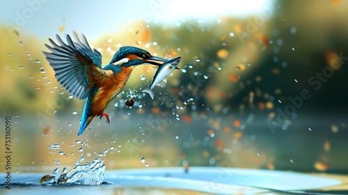 Kingfisher catching fish. Small bird king fisher in fly