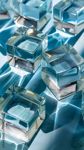 Glass cubes on blue reflective surface. Abstract light reflections and refractions concept. Close-up shot with soft focus.