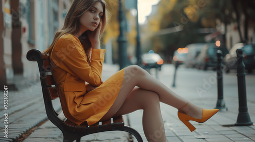 A fashionable young woman sitting on a bench in the city, her trendy shoes catching the eye as she enjoys a moment of quiet contemplation.