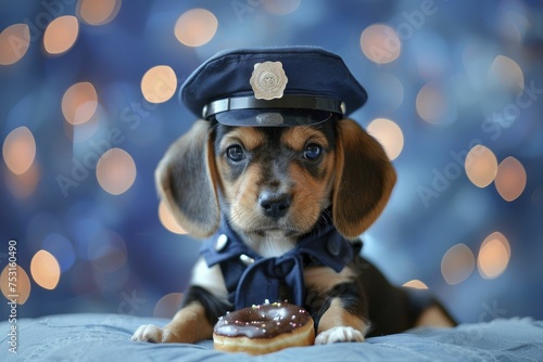 A vigilant beagle pup in cop attire, protecting a mini donut, amidst a hazy blue backdrop, embodies justice. photo