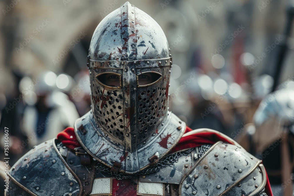 Chick in a knight armor, standing brave on a medieval castle blur background, ready for the tournament. Chick in a knight armor, standing brave on a medieval castle blur background, ready for the tournament.