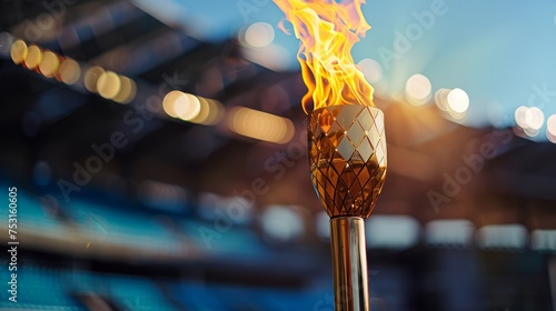 Flaming torch in a sports stadium. Olympic flame concept with copy space for design and print photo