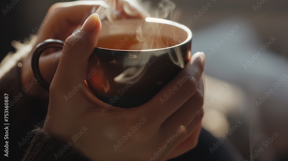 Mindfulness in motion: Hands gently grasp steaming tea, promoting self-awareness