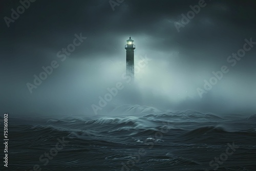 A distant lighthouse in a storm, minimal style, blurred dark tone, representing a beacon of hope.