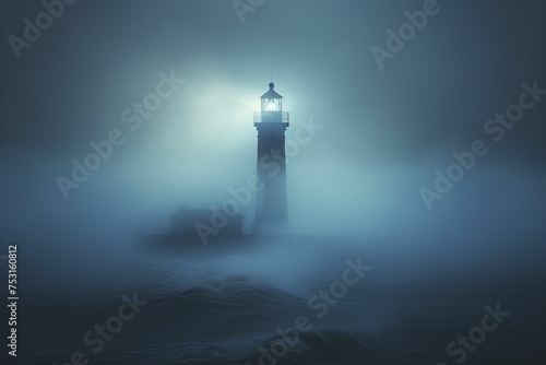 Amidst a storm, a distant lighthouse, with a minimal style and blurred dark tone, stands as a beacon of hope.