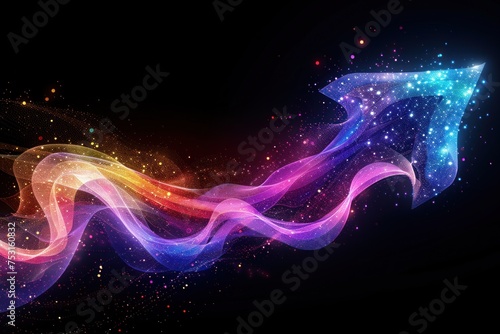 A vibrant and dynamic wave of multicolored light sweeps across a stark black background, creating a striking contrast. The light appears to ripple and flow, displaying a range of hues and intensities