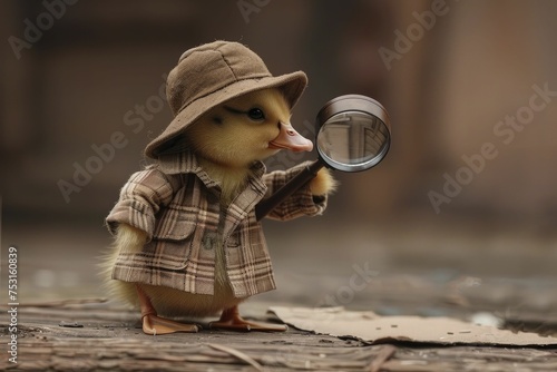A duckling in a detective outfit, holding a magnifying glass, investigates clues on a blurred brown background. photo