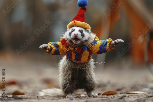 A lively ferret, clad in a jester outfit, tumbles amidst a blurred medieval court setting, playing gleefully.