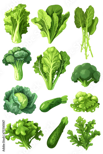 A collection of green vegetables such as spinach, kale, and broccoli isolated on a white background, realistic, 4K