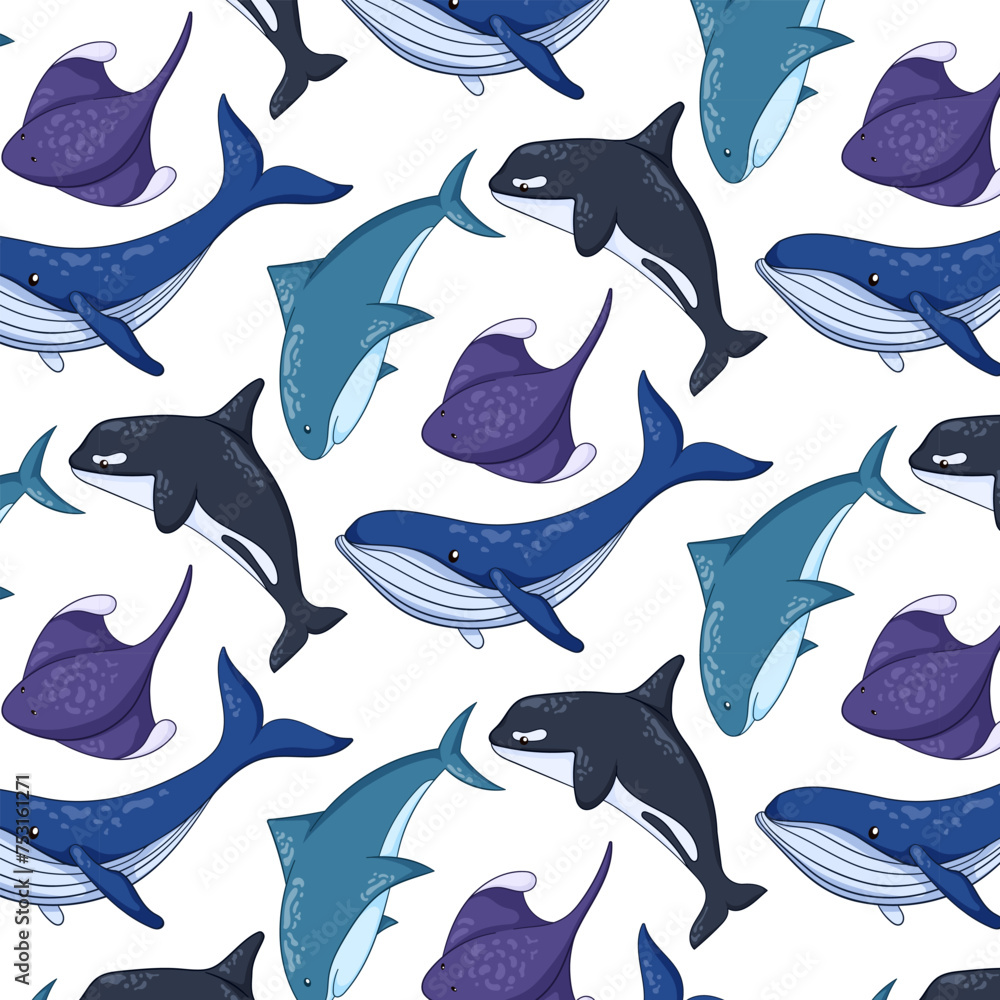 Undersea and ocean animals seamless pattern in cartoon. Cute shark, blue whale, stingray and killer whale. Wild marine creatures life. Vector illustration on a white background.