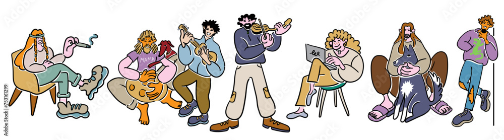 color cartoon people doodle style. set of men and women in different poses.print advertising poster template.people in lines color cartoon people doodle style. set of men and women in different poses.print advertising poster template.people in lines