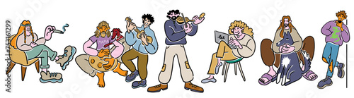 color cartoon people doodle style. set of men and women in different poses.print advertising poster template.people in lines