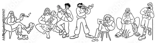 cartoon people doodle style. set of men and women in different poses.print advertising poster template.people in lines