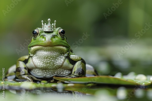 A regal frog donning a prince's attire and crown sits elegantly on a lily pad against a blurred green backdrop.