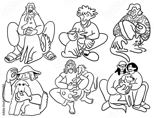 cartoon people doodle style. set of men and women in different poses.print advertising poster template.people in lines