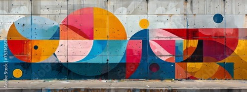 Colorful geometric mural on a concrete wall, featuring bold, intersecting shapes and splattered paint details.