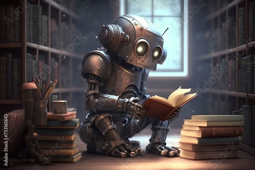 A robot in a cozy library, surrounded by books, engrossed in reading with its mechanical eyes focused on the pages.