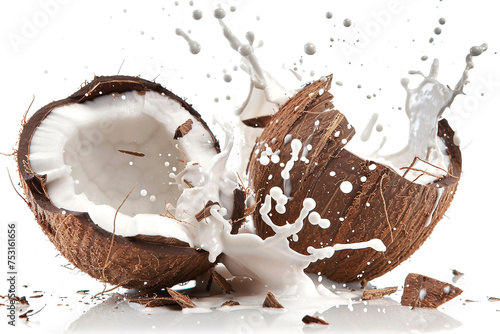 Broken coconut with milk splash, isolated on white background
