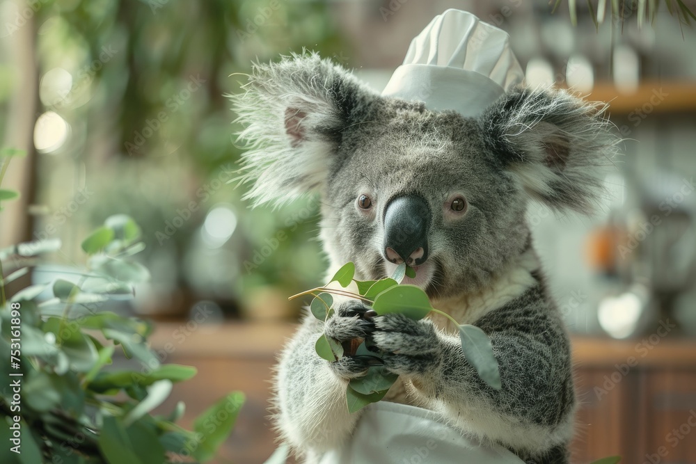 Fototapeta premium Koala dressed as a chef, tasting eucalyptus leaves, culinary kitchen blur background