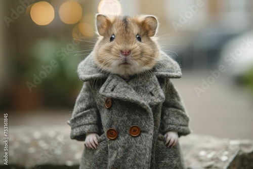 In a noir city blur background, a hamster dons a detective coat, unraveling mysteries.